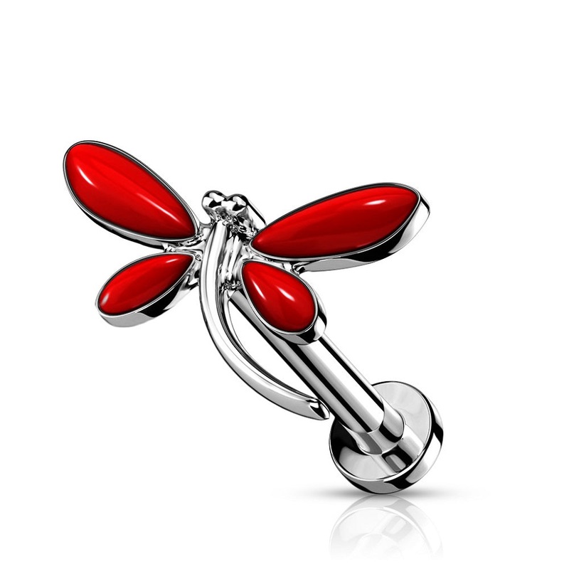Internally Threaded Red Dragonfly Top Flat Back Stud – 316L Stainless Steel