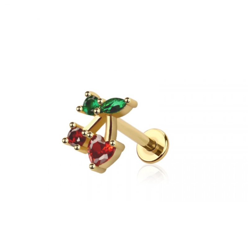 Threadless Push-In CZ Crystal Cherry Flat Back Stud – 316L Stainless Steel Gold