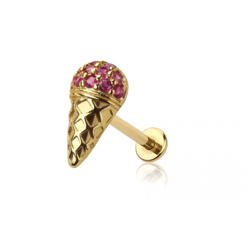 Threadless Push-In CZ Crystal Pink Ice Cream Cone Flat Back Stud – 316L Stainless Steel Gold