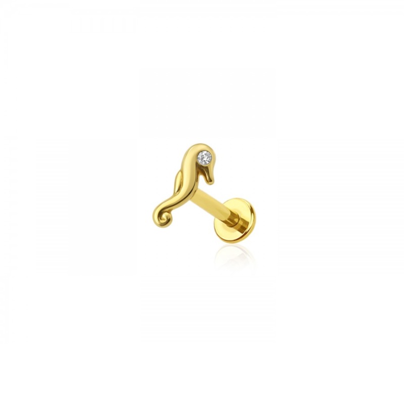 Threadless Push-In CZ Crystal Seahorse Flat Back Stud – 316L Stainless Steel Gold