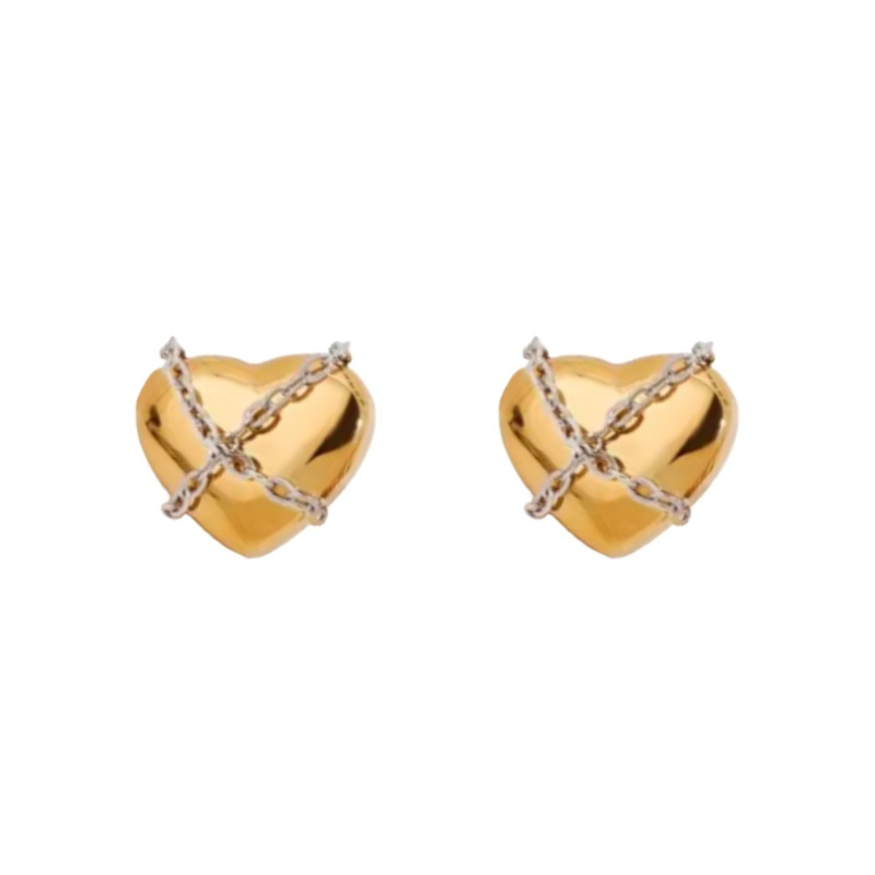 Two Tone Chained Heart Stud Earrings – Pair – Stainless Steel