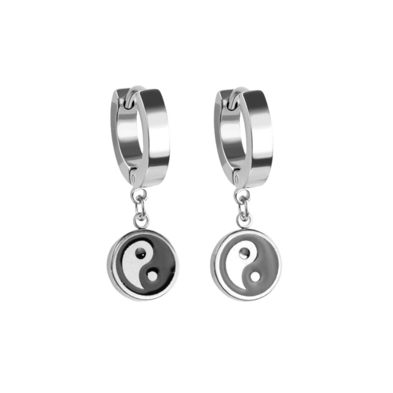 Yin Yang Dangling Huggie Hoop Earrings – Pair – 316L Stainless Steel Black