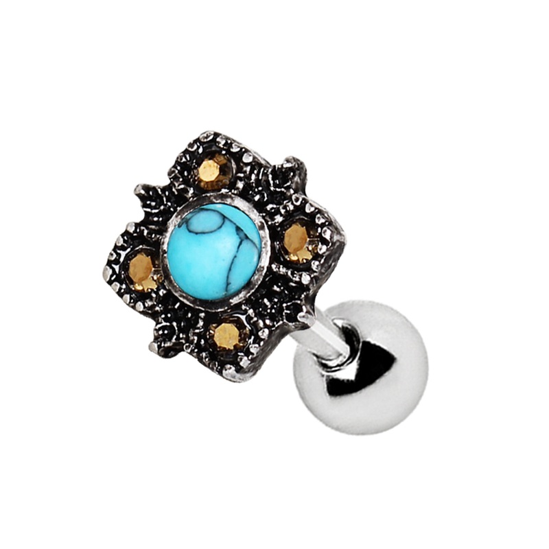 Antique Square Filigree Turquoise Cartilage Tragus Barbell – 316L Stainless Steel