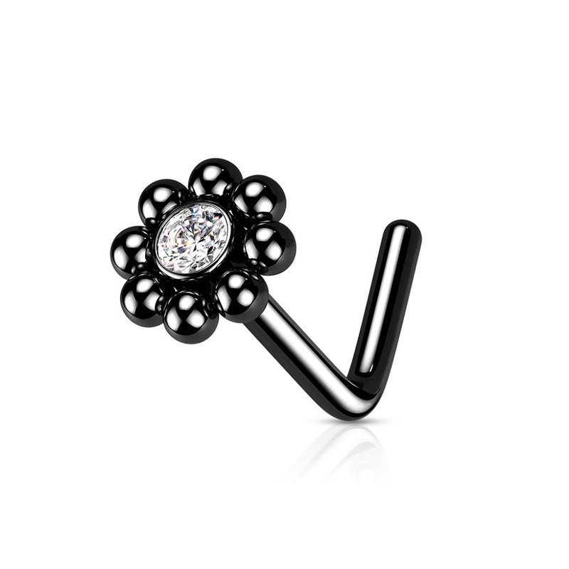 Beaded Ball Edge CZ Crystal Centered Flower L-Bend Nose Stud – Stainless Steel Black
