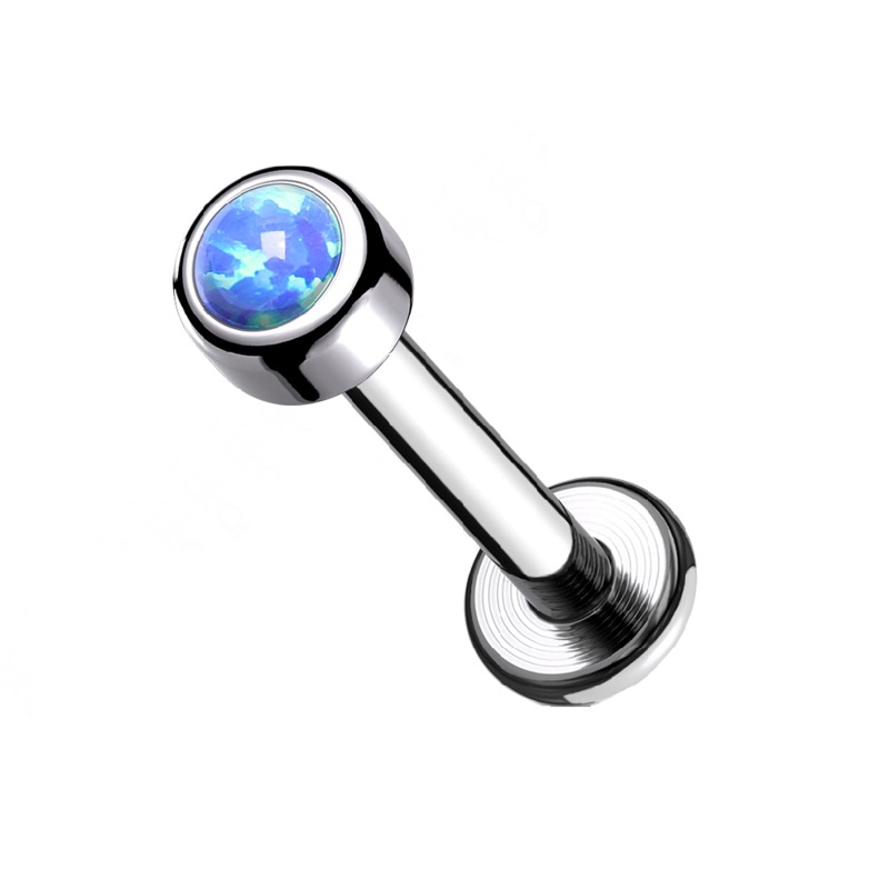 Bezel Set Round Synthetic Opal Internally Threaded Lip Cartilage Tragus Stud – G23 Implant Grade Titanium Blue