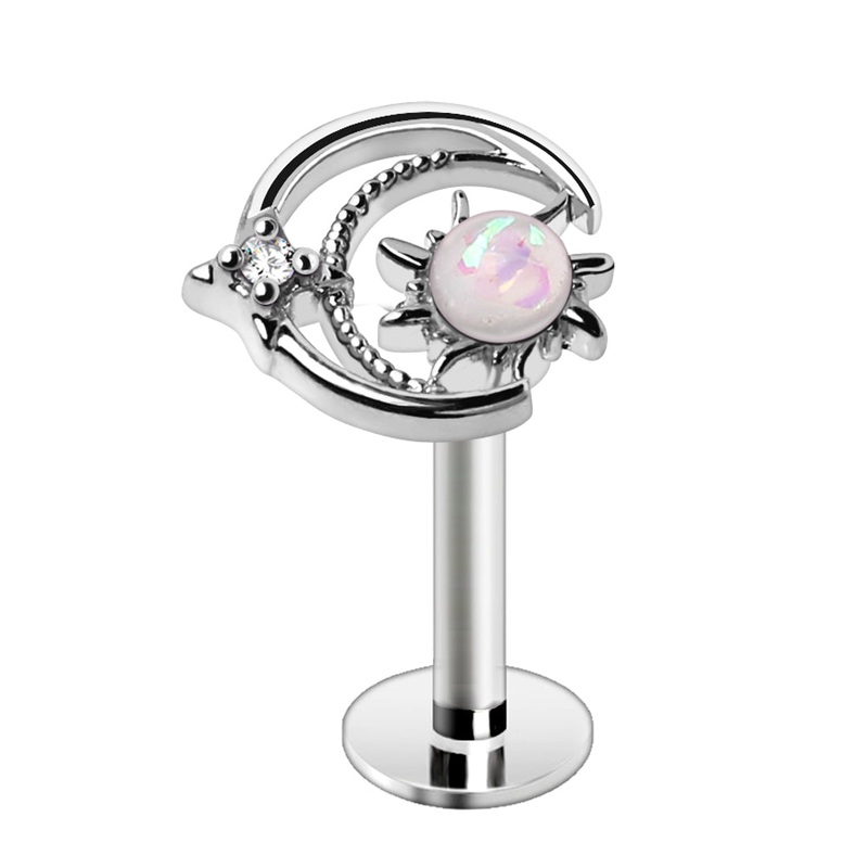 Outlined Crescent Moon with Opalite Sun Flat Back Stud – 316L Stainless Steel