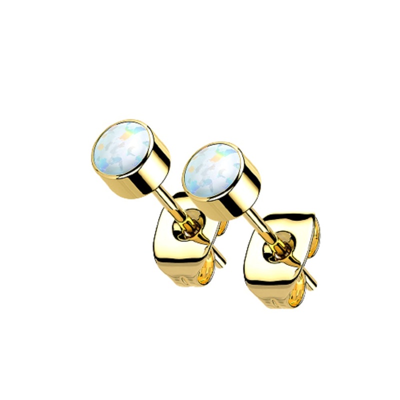 Round Synthetic Opal Bezel Set Stud Earrings – G23 Implant Grade Titanium Gold