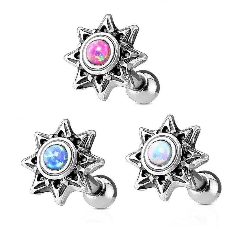 Set of 3 Opal Tribal Sun Cartilage Tragus Barbells – 316L Stainless Steel