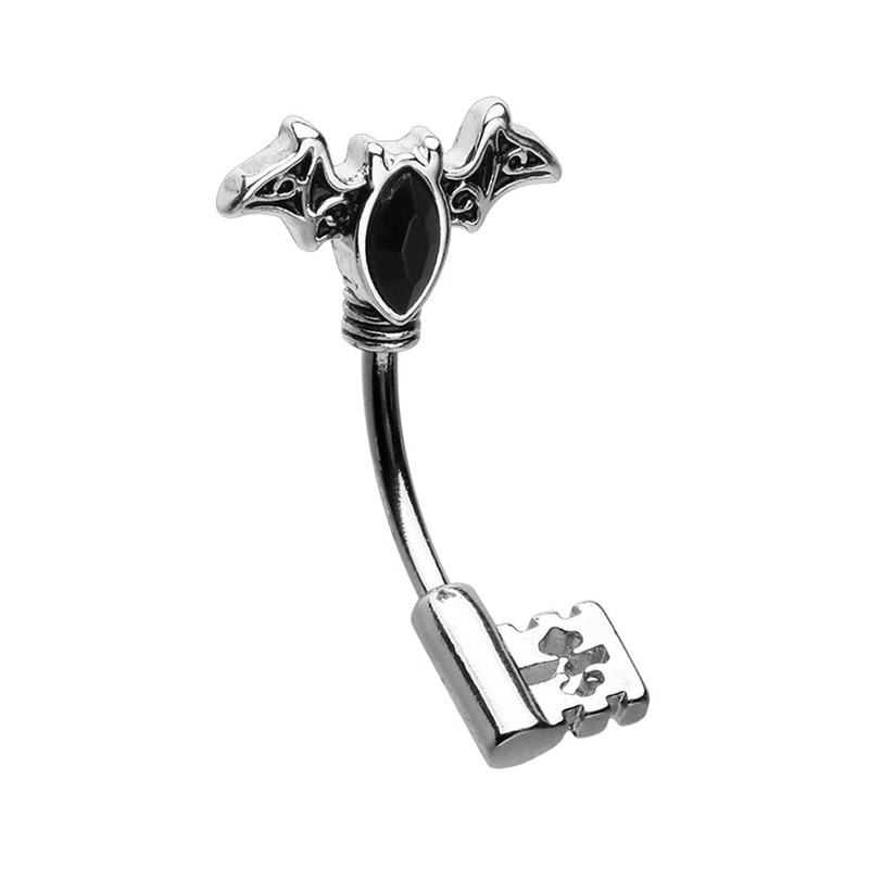 Skeleton Key with Gemmed Bat Top Belly Button Ring – 316L Stainless Steel