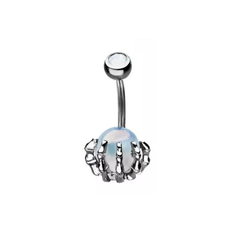 Skull Hand with Crystal Orb Belly Button Ring – 316L Stainless Steel