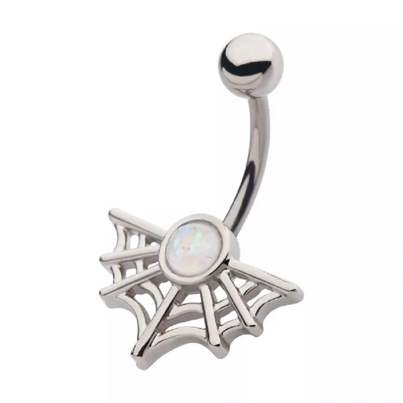 Spider Web with White Glitter Opal Belly Button Ring – 316L Stainless Steel
