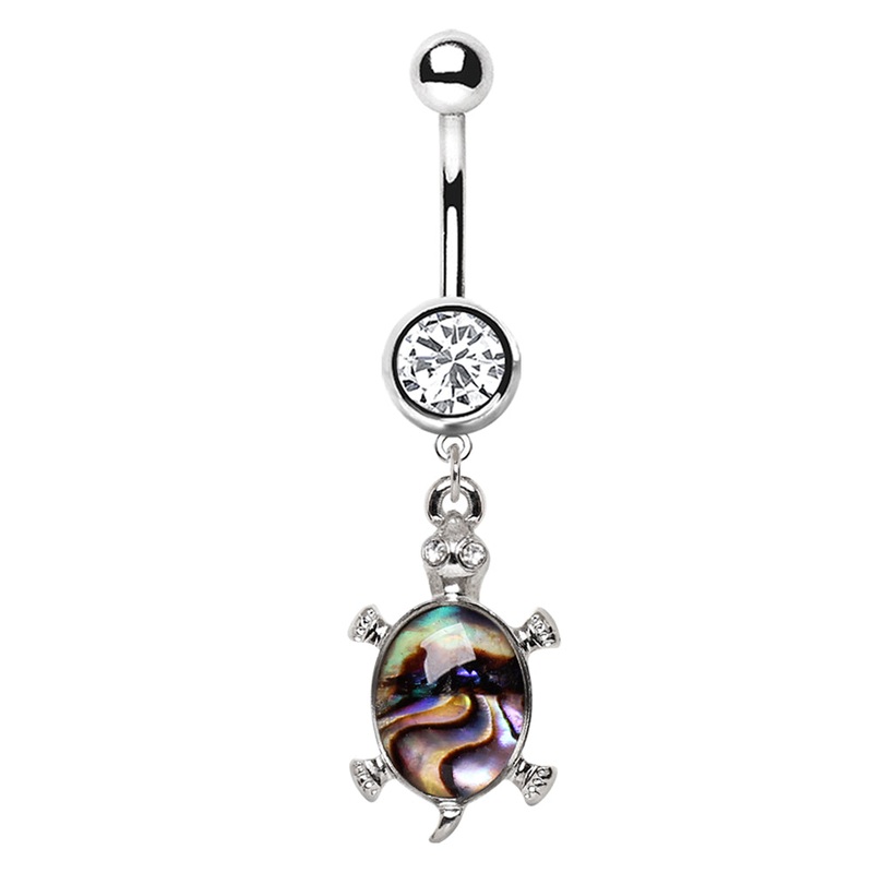 Teal Abalone Inlay Turtle Dangle Belly Button Ring – 316L Stainless Steel