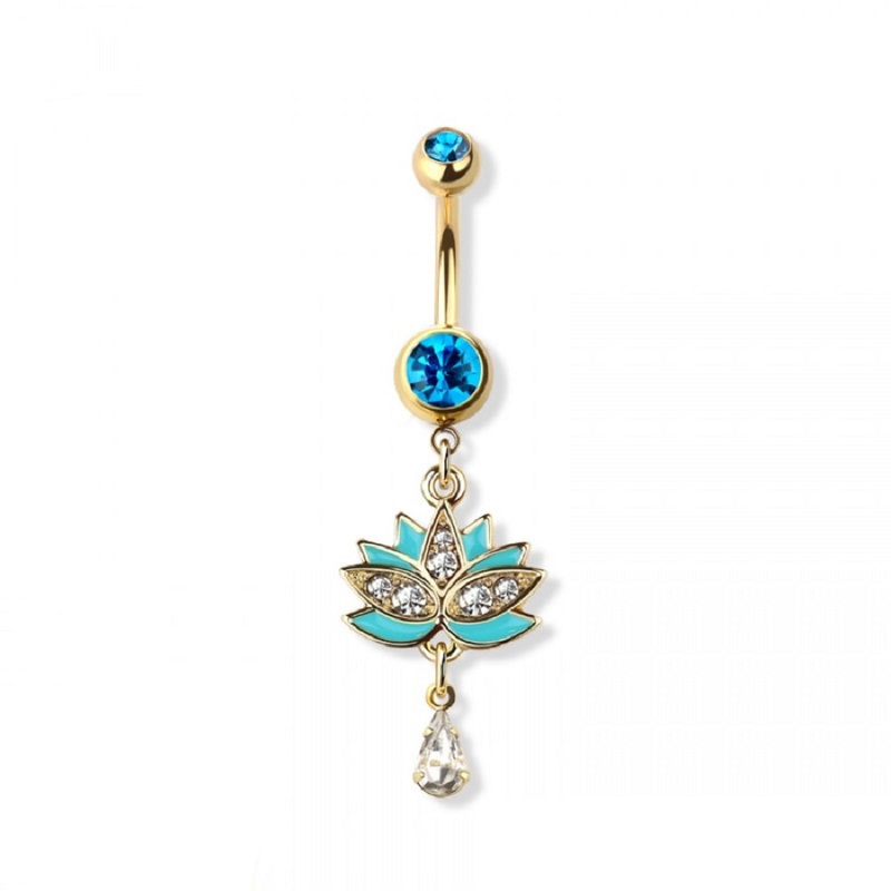 Teal Crystal Lotus Flower Dangling Belly Button Ring – Gold Plated Stainless Steel
