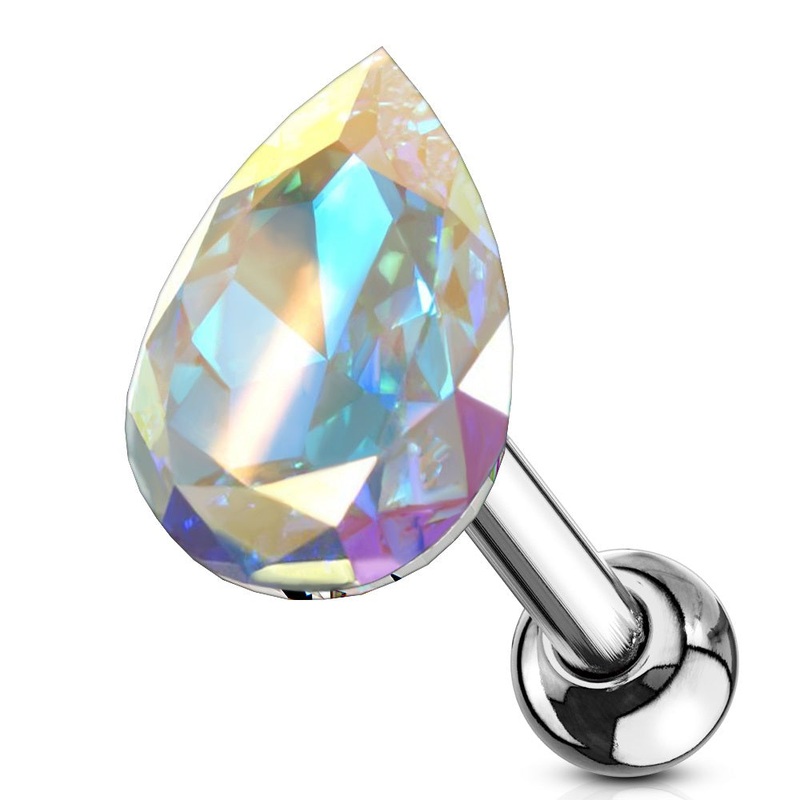 Tear Drop Shaped Crystal Cartilage Helix Tragus Conch Ear Lobe Barbell Stud – Stainless Steel Aurora Borealis