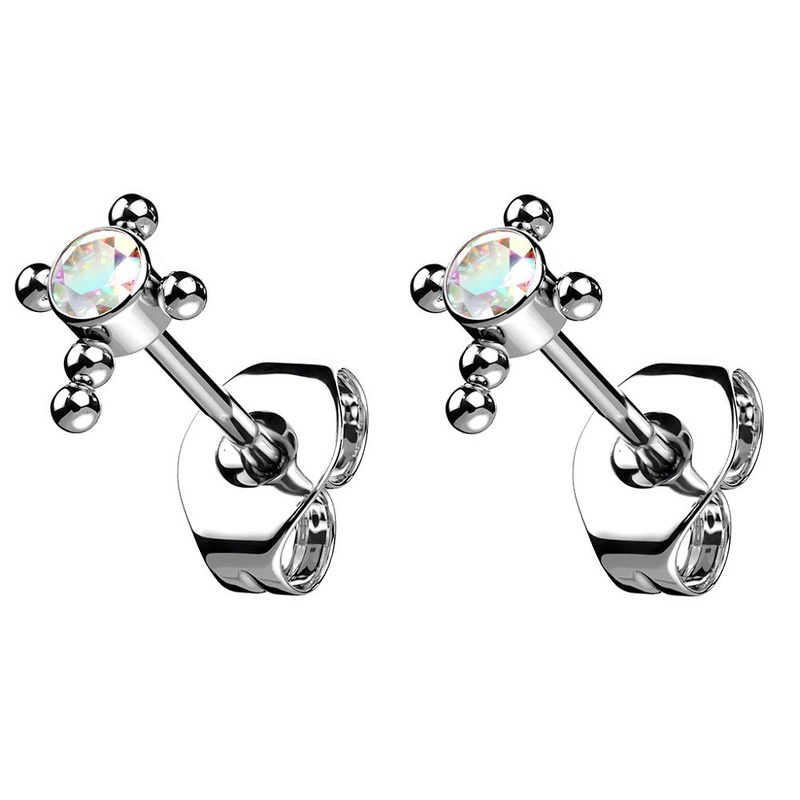 Threadless CZ Crystal Centered Ball Cross Threadless Stud Earrings – G23 Implant Grade Titanium Aurora Borealis