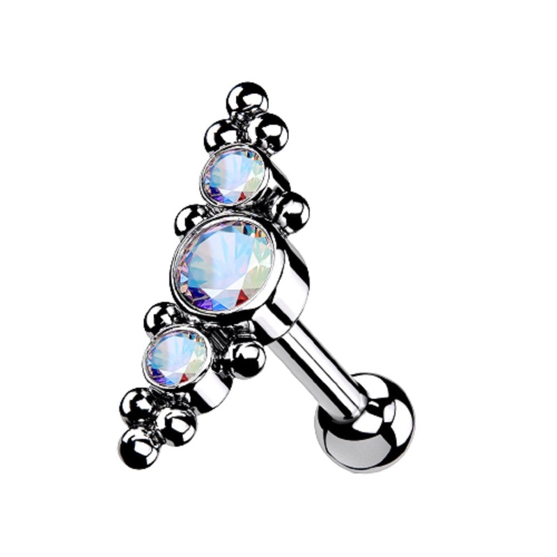 Threadless Push-in Triple CZ Crystal and Ball Clusters Barbell Stud – G23 Implant Grade Titanium Aurora Borealis
