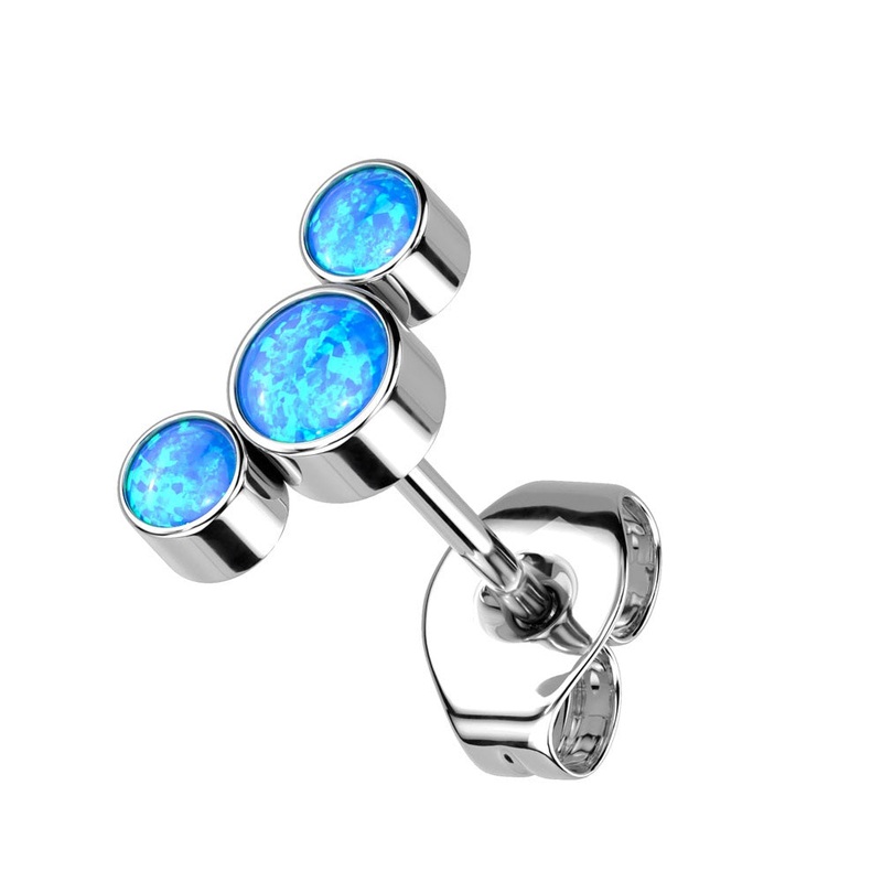 Threadless Push In Triple Round Synthetic Opal Curve Top Stud Earring – F136 Implant Grade Titanium Blue