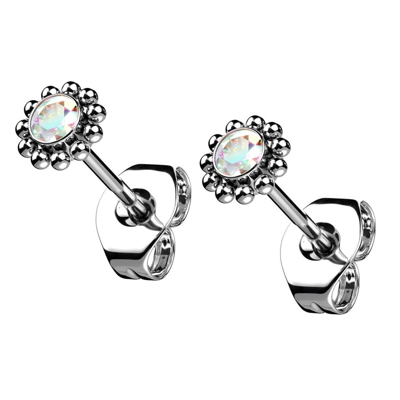 Threadless Round CZ Crystal with Balls Outside Stud Earrings – G23 Implant Grade Titanium – Pair Aurora Borealis