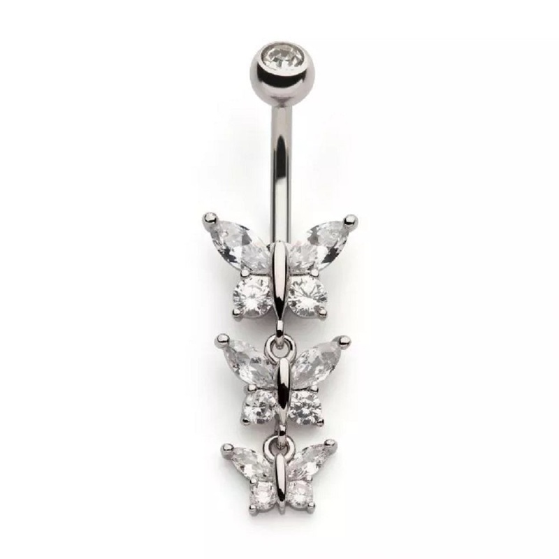 Triple CZ Crystal Butterflies Dangling Belly Button Ring – 316L Stainless Steel
