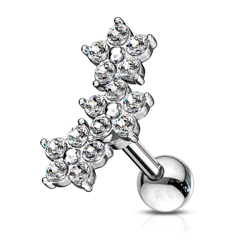 Triple CZ Crystal Flower Cluster Labret Monroe Lip Cartilage Helix Tragus Conch Ear Lobe Barbell Stud – 316L Stainless Steel Clear