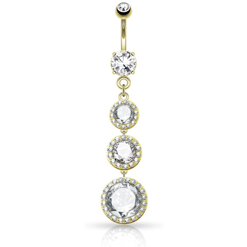 Triple CZ Paved Large Drop Dangling Belly Button Ring – 316L Stainless Steel