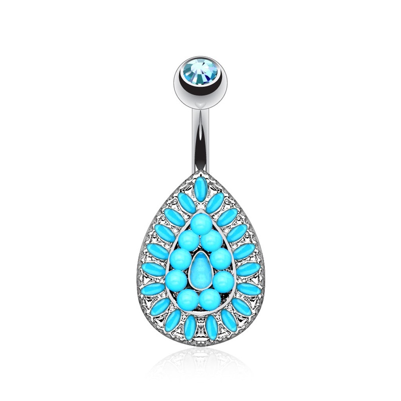 Turquoise Beaded Vintage Style Shield Gem Belly Button Ring – 316L Stainless Steel