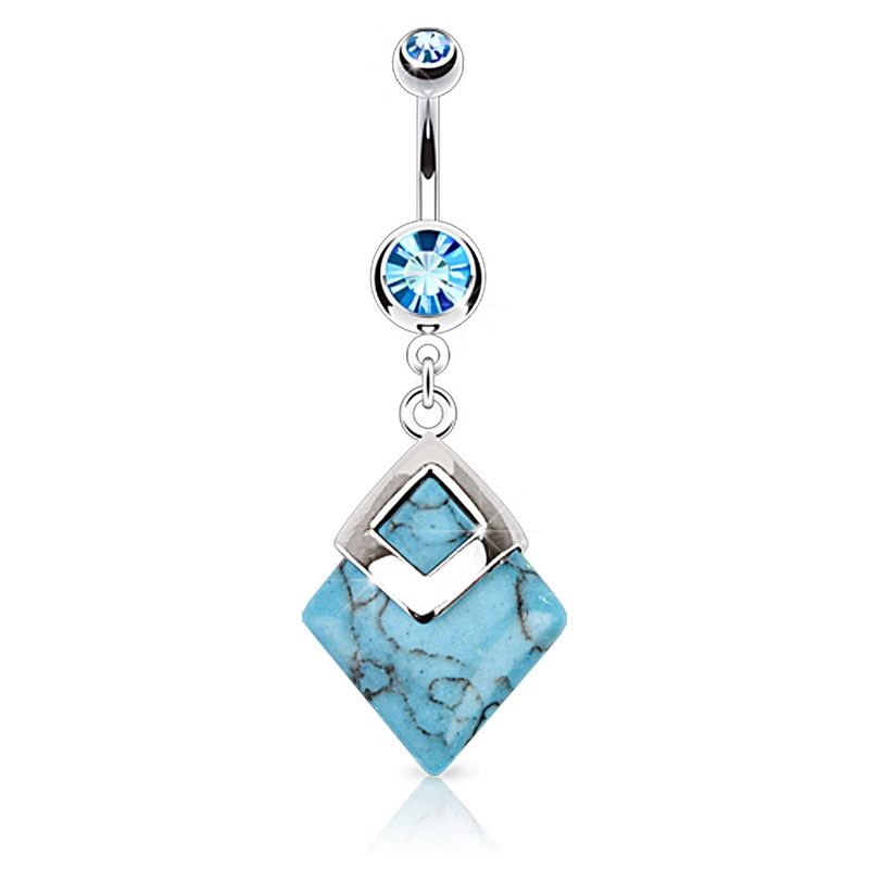 Turquoise Diamond Shaped Semi Precious Stone Mounted Navel Belly Ring – 316L Stainless Steel