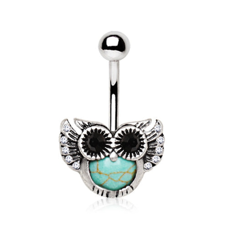 Turquoise Owl Belly Button Ring in with CZ Gem Accents – 316L Stainless Steel