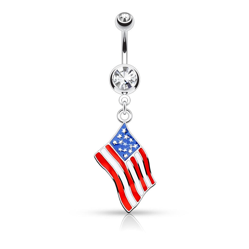 United States USA American Flag Epoxy Dangle with Star Gem Belly Ring – Stainless Steel