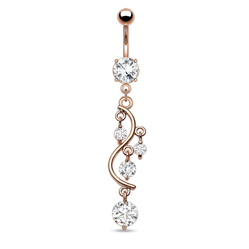 Vine with Crystal Gems Dangling Belly Button Ring – Rose Gold Plated Stainless Steel