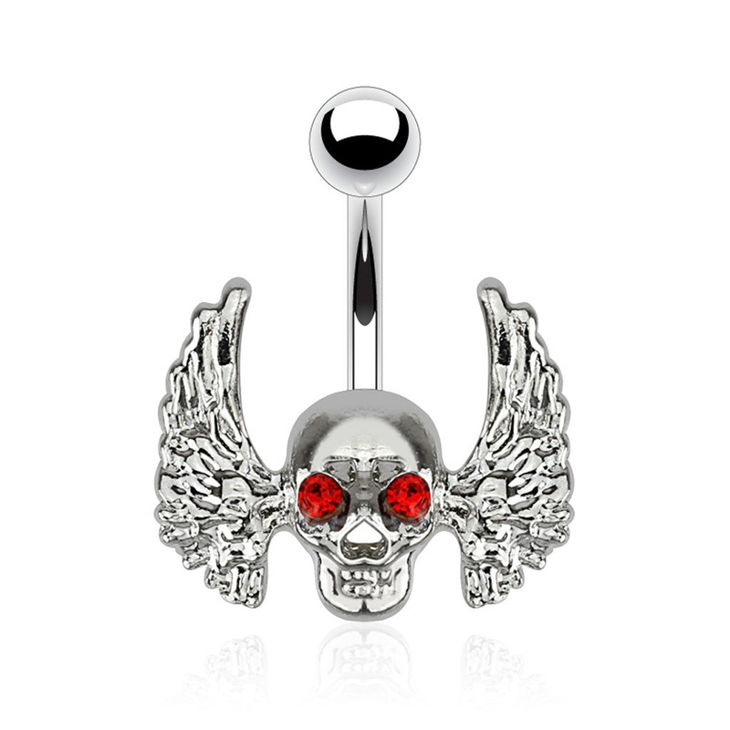 Winged Skull with Red CZ Crystal Eyes Belly Button Ring – Surgical Steel