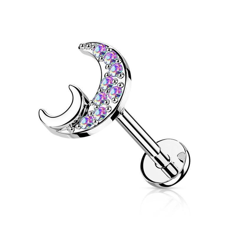 Crystal Paved Crescent Moon Internally Threaded Stud – 316L Stainless Steel