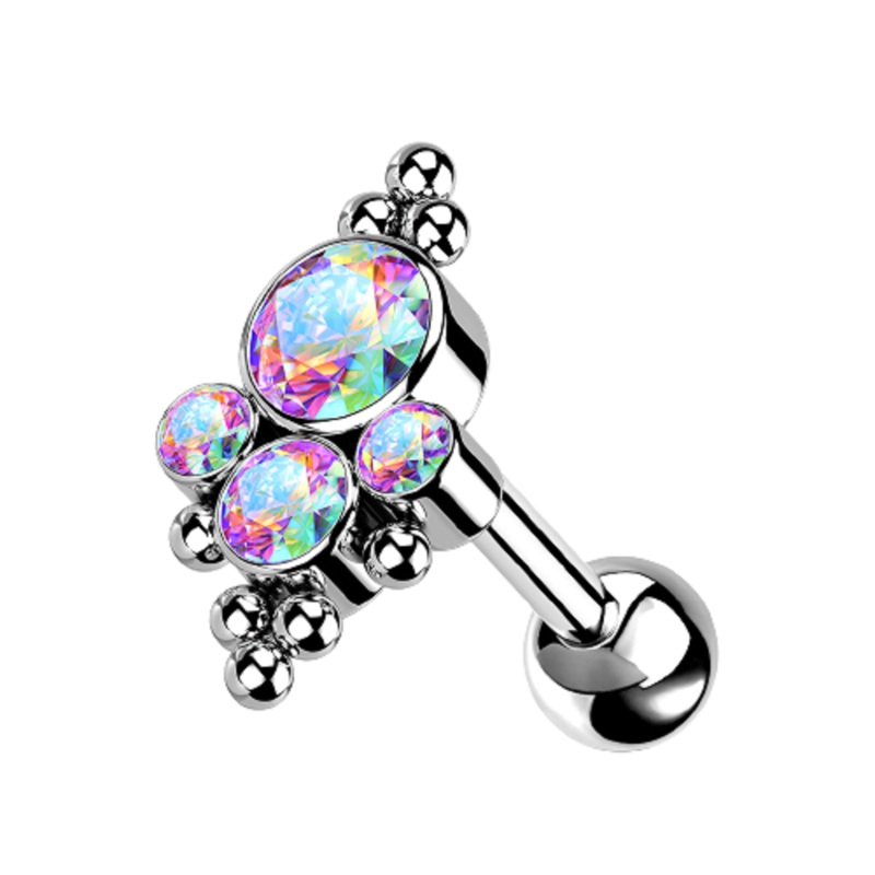 CZ Crystal and Ball Cluster Internally Threaded Barbell – G23 Implant Grade Titanium Aurora Borealis