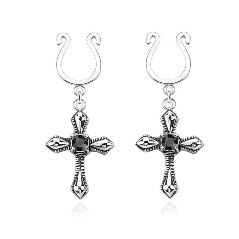 CZ Crystal Dangling Cross Clip on Non-Pierce Fake Nipple Rings – Brass – Pair Black