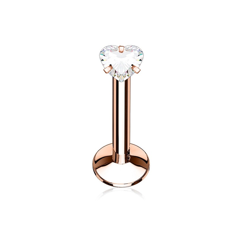 CZ Crystal Heart Top Internally Threaded Flat Back Labret Stud – Stainless Steel Rose Gold