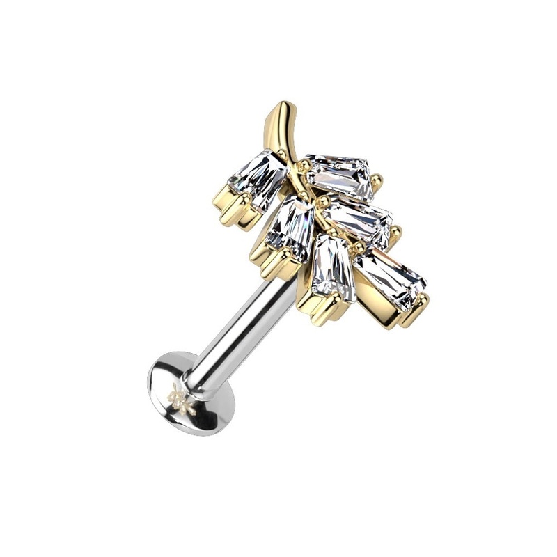 CZ Crystal Leaf Threadless Push-in Convex Back Stud – 316L Stainless Steel Gold