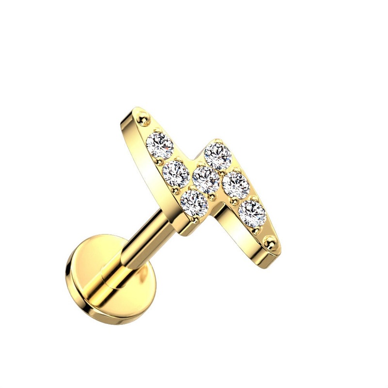 CZ Crystal Lightning Bolt Threadless Push-in Stud – G23 Implant Grade Titanium Gold