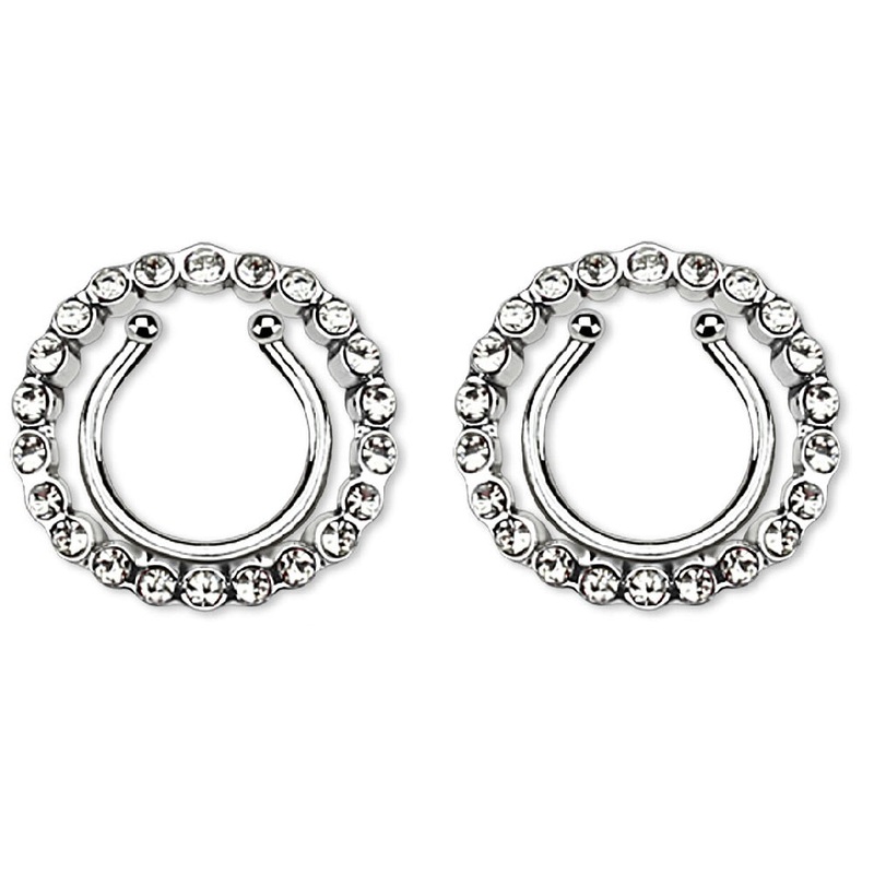 CZ Crystal Paved Circle No Pierce Fake Clip On Nipple Ring – Stainless Steel – Pair Clear