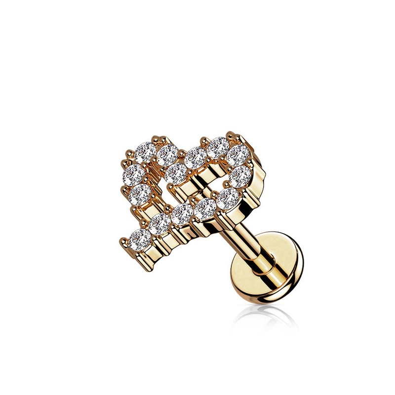 CZ Crystal Paved Heart Outline Internally Threaded Stud – 316L Stainless Steel Rose Gold