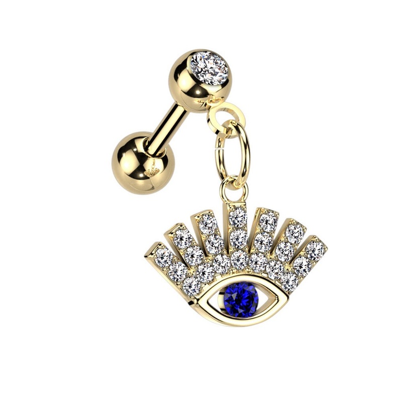 CZ Crystal Paved Lucky Eye Dangling Barbell – 316L Stainless Steel Gold