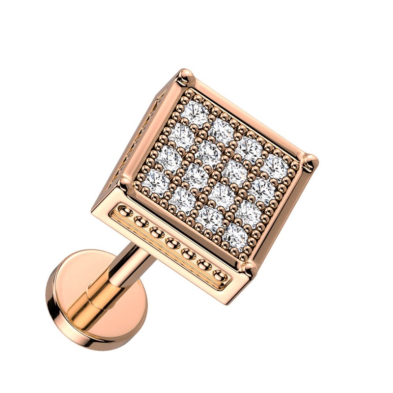 CZ Crystal Paved Square Top Internally Threaded Stud – 316L Stainless Steel Gold