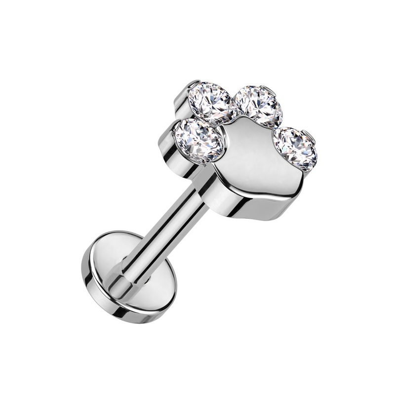CZ Crystal Paw Top Threadless Push-in Flat Back Stud – F136 Implant Grade Titanium Clear