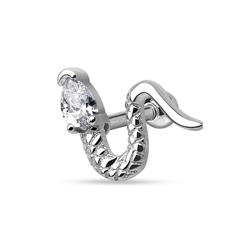 CZ Crystal Snake Head Cartilage Tragus Barbell – 316L Surgical Steel