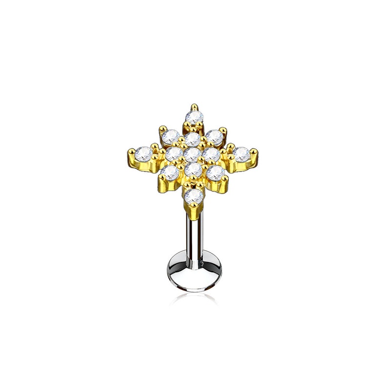 CZ Paved Starburst Top Internally Threaded Labret Monroe Lip Cartilage Helix Tragus Conch Ear Lobe Barbell Stud – 316L Stainless Steel Gold