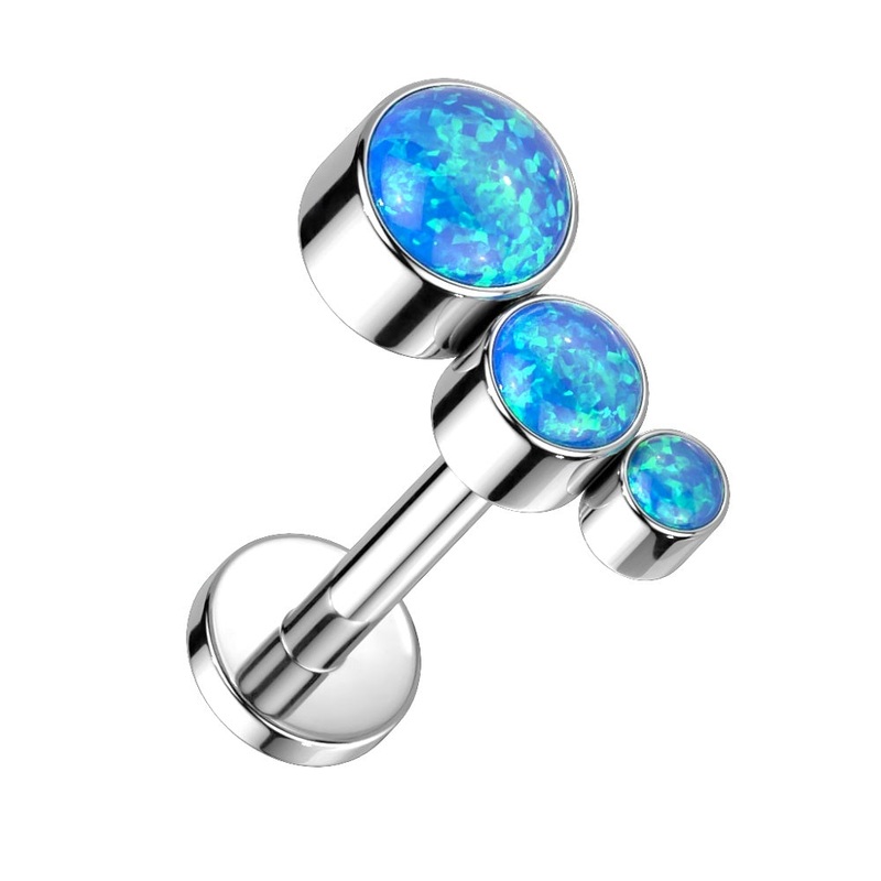 Descending Bezel Set Triple Opal Curved Internally Threaded Stud – G23 Implant Grade Titanium Blue