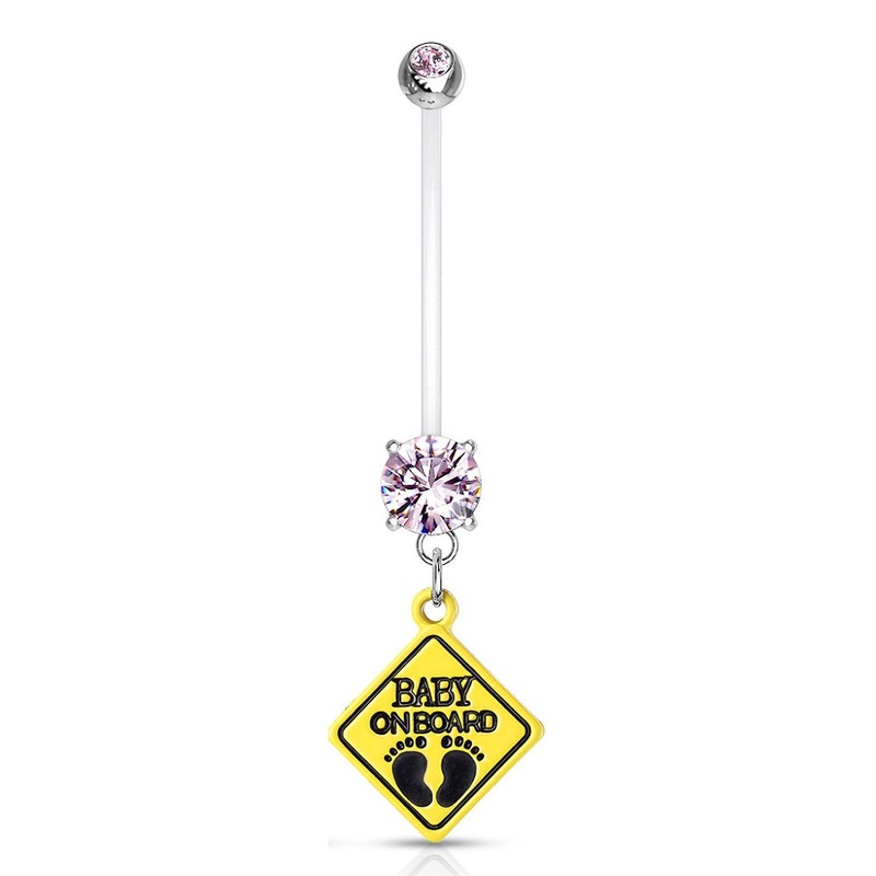 Double Jeweled Baby on Board Sign Dangle Pregnancy Maternity Bioflex Belly Button Ring Retainer – Stainless Steel Clear