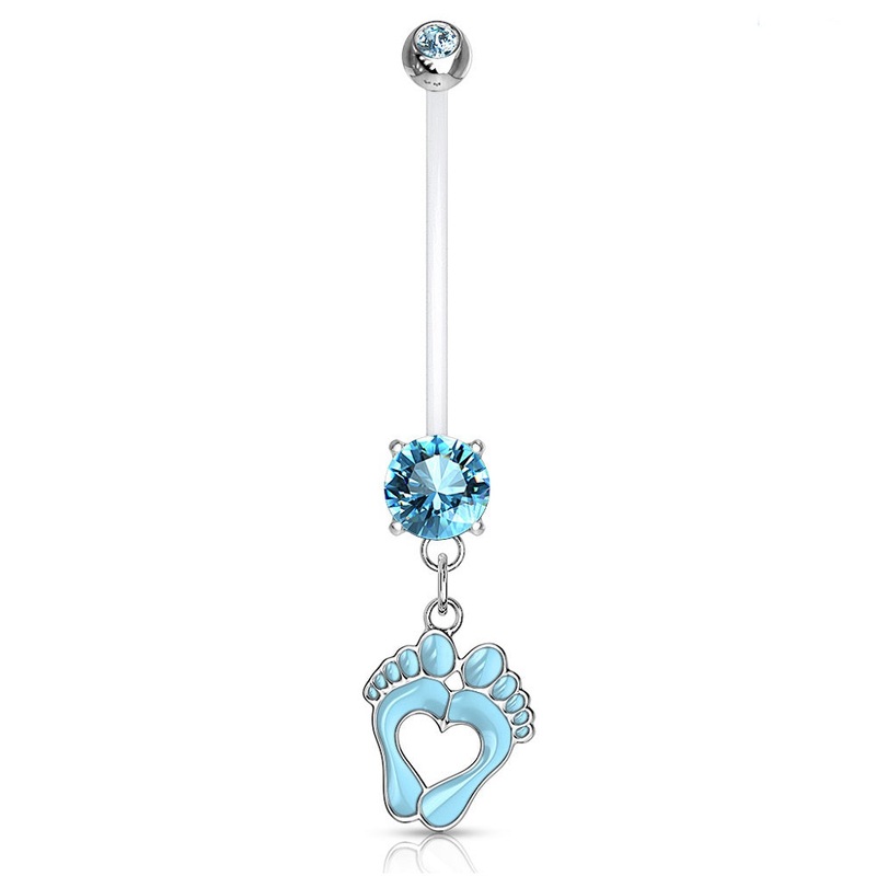 Double Jeweled Heart Baby Feet Dangle Pregnancy Maternity Belly Button Ring Retainer – Stainless Steel White