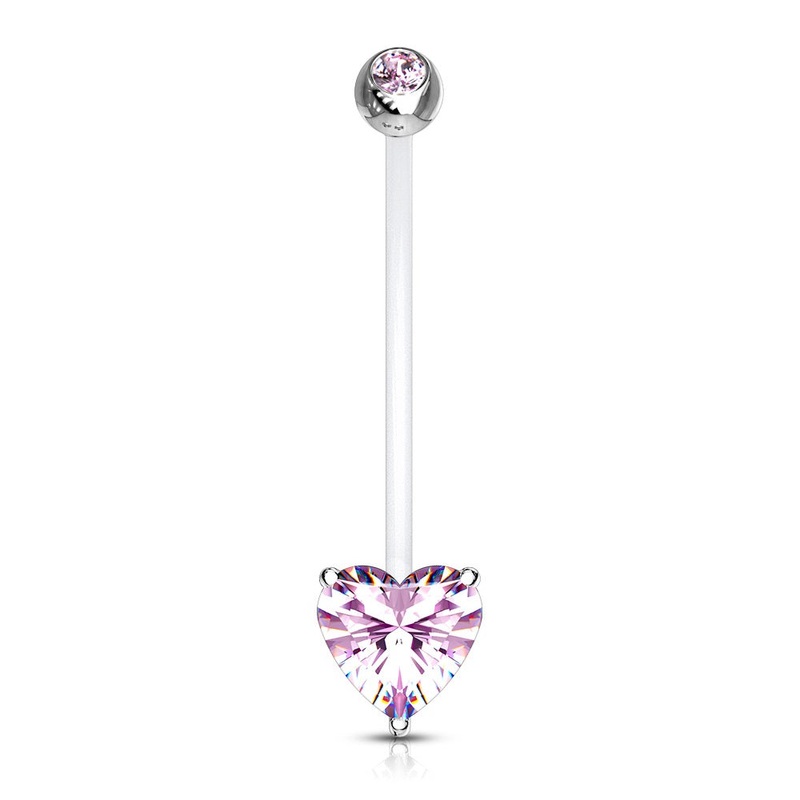 Double Jeweled Prong Set Heart Crystal Pregnancy Maternity Belly Button Ring Retainer – Stainless Steel Clear