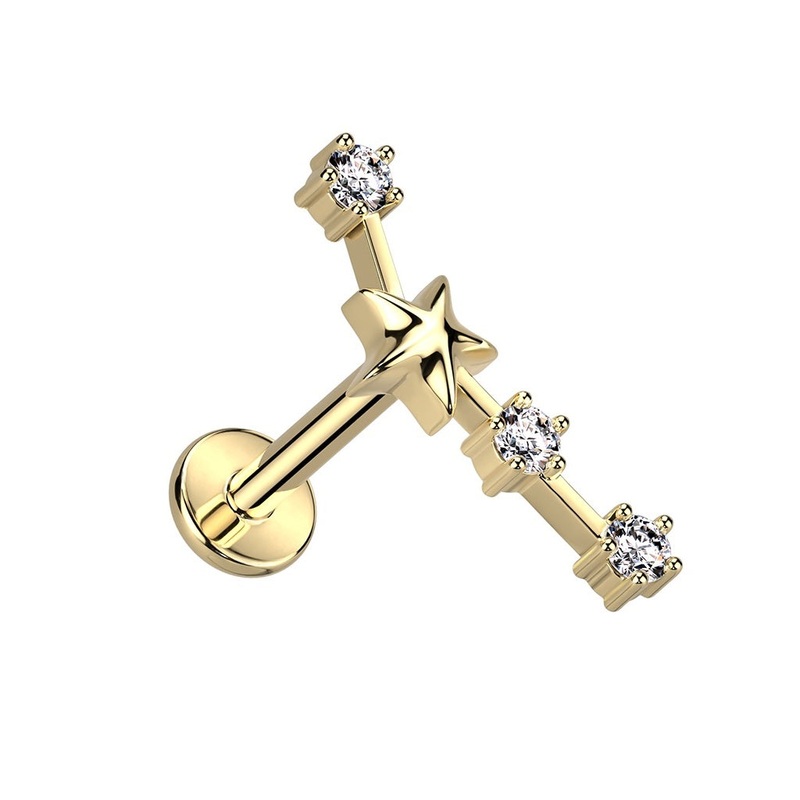 Gold Plated Internally Threaded CZ Crystal Zodiac Constellation Flat Back Stud – 316L Stainless Steel Aquarius