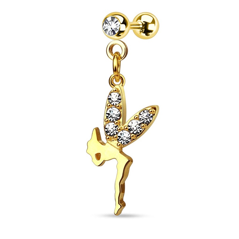 Gold Tone Fairy with CZ Wings Dangle Cartilage Barbell Stud – 316L Stainless Steel